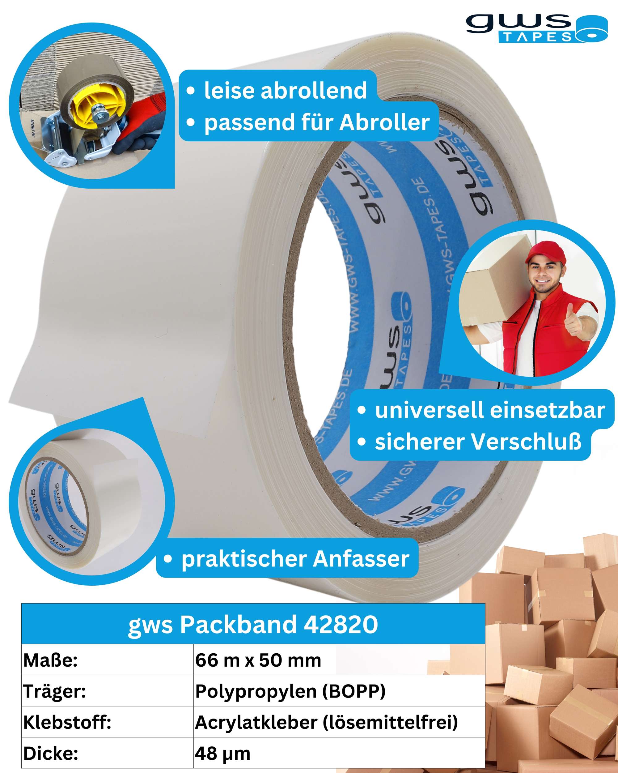 gws 42820-0 Packband PP leise abrollend, 66 m x 50 mm, weiß