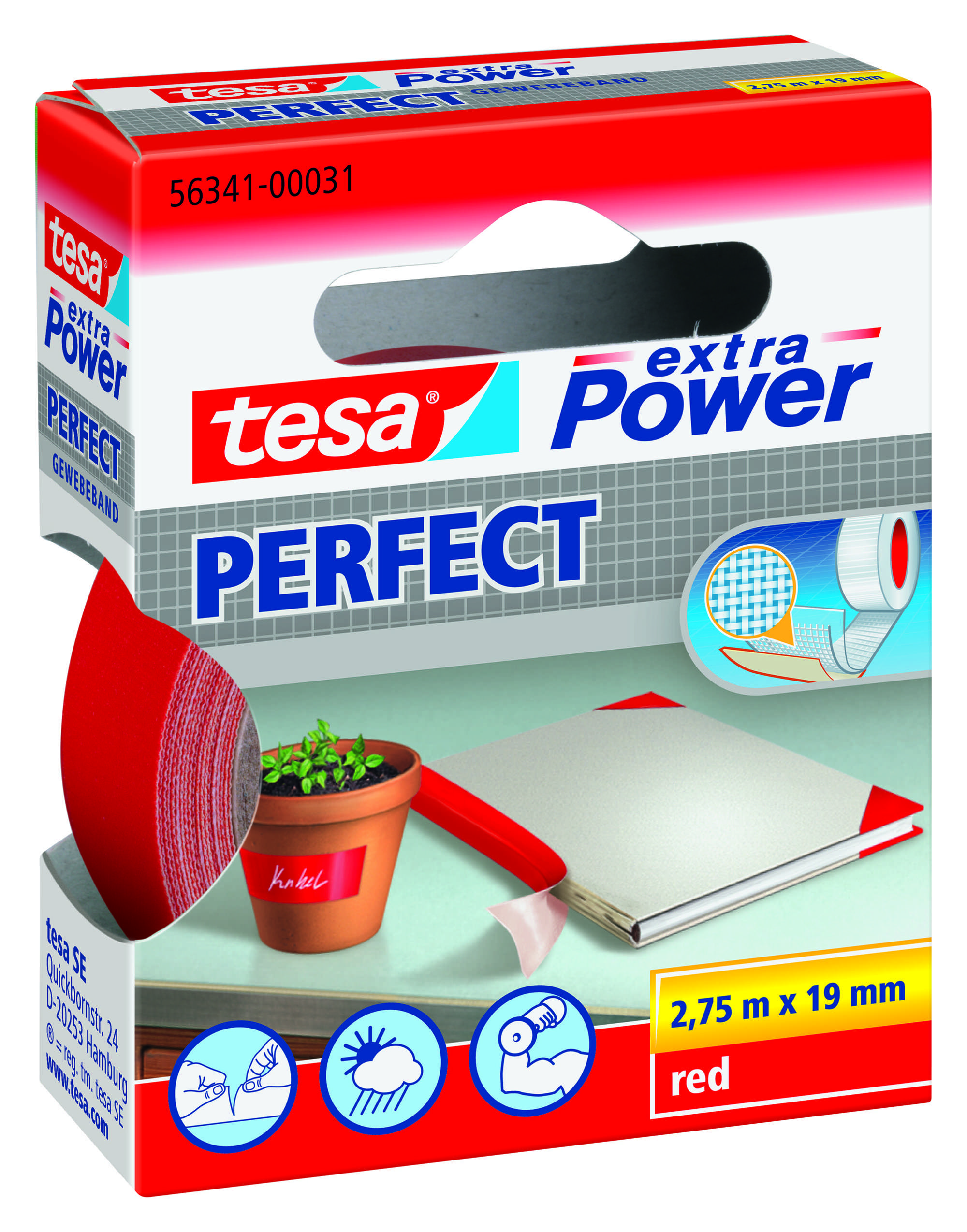 tesa extra Power Perfect Gewebeband, 2,75 m x 19 mm, rot